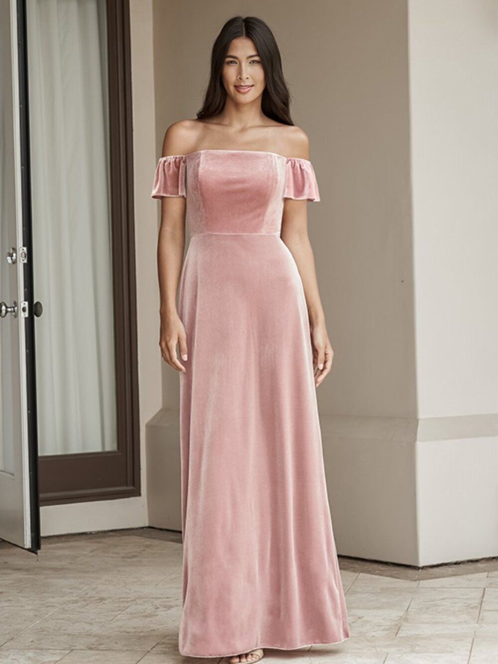Off-Shoulder Velvet Maxi Dress in Dusty Pink Boho Bridesmaid B2 Jasmine
